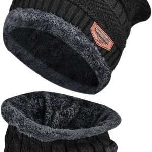 Beanie Hat Scarf Set Warm Knit Hat Thick Fleece Lined for Men Women Black