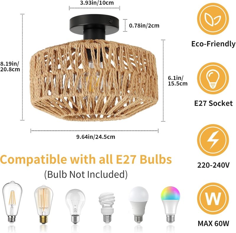 Rattan Ceiling Light Fixture with Natural Woven Design for Boho Home Decor - Modern Hanging Pendant Lamp with LED Bulb includ...