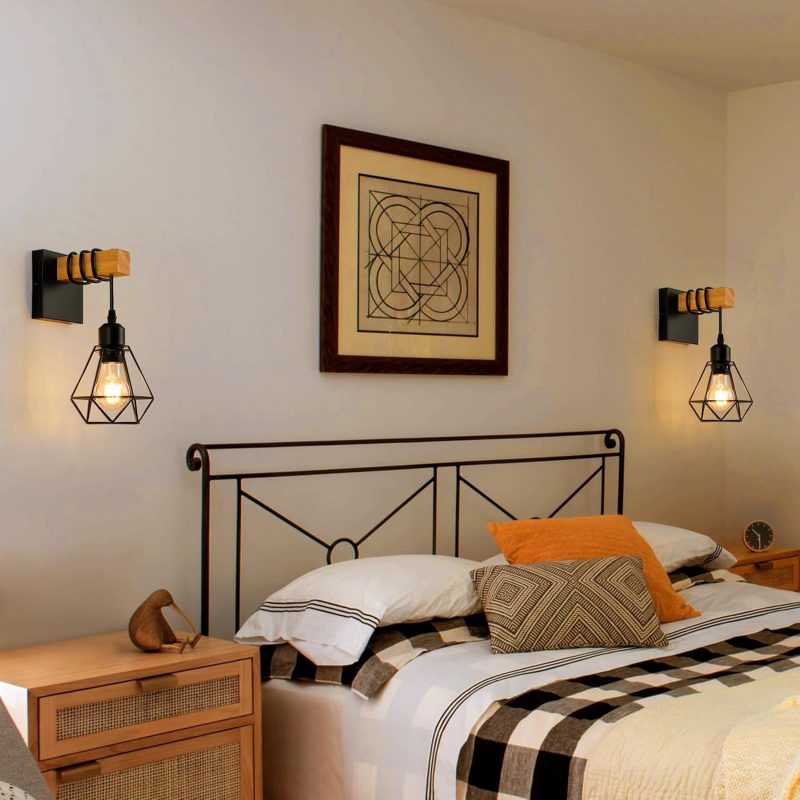 Vintage Wood Wall Lamp with Edison Bulb | Rustic Sconce Light Fixture for Bedroom, Living Room, and Hallway Decor - Handcraft...