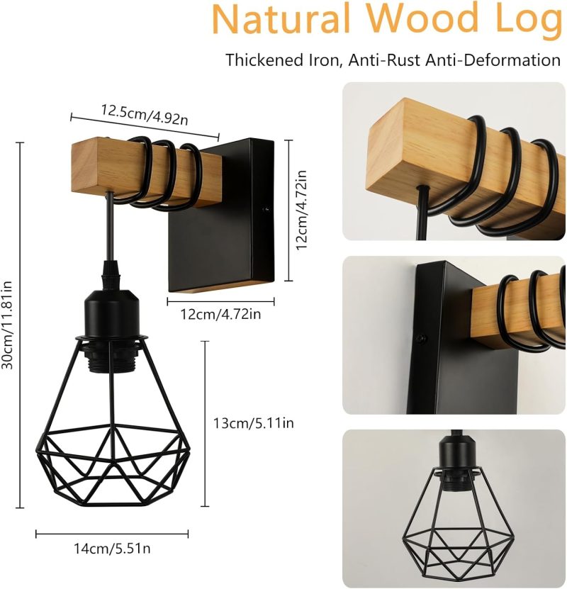 Vintage Wood Wall Lamp with Edison Bulb | Rustic Sconce Light Fixture for Bedroom, Living Room, and Hallway Decor - Handcraft...
