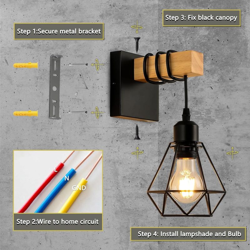 Vintage Wood Wall Lamp with Edison Bulb | Rustic Sconce Light Fixture for Bedroom, Living Room, and Hallway Decor - Handcraft...