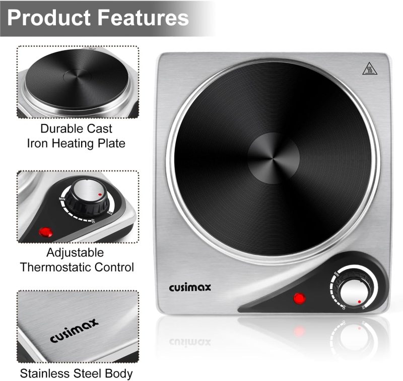 CUSIMAX Hot Plate - Portable Electric Double Burner Cooktop with Adjustable Temperature Control for Cooking, Dorms, Camping, ...