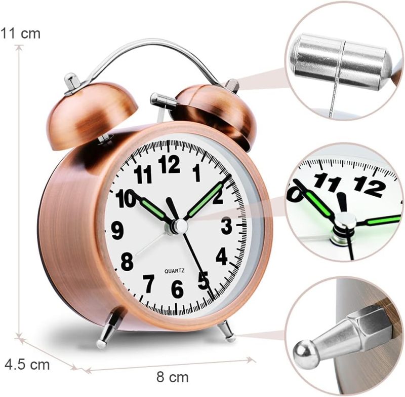 Retro Alarm Clock with Vintage Design, Loud Twin Bell, Battery Operated - Digital Backlight, Non-Ticking Analog, Heavy Duty M...
