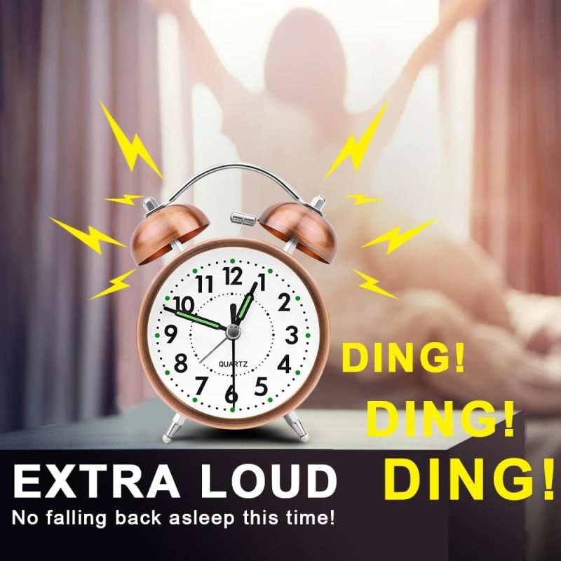Retro Alarm Clock with Vintage Design, Loud Twin Bell, Battery Operated - Digital Backlight, Non-Ticking Analog, Heavy Duty M...