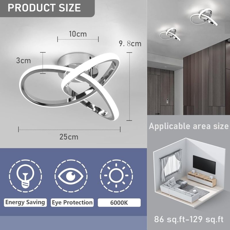 LED Curved Modern Chrome Ceiling Lamp - Contemporary Flush Mount Light Fixture with Dimmable Warm White Lighting for Living R...