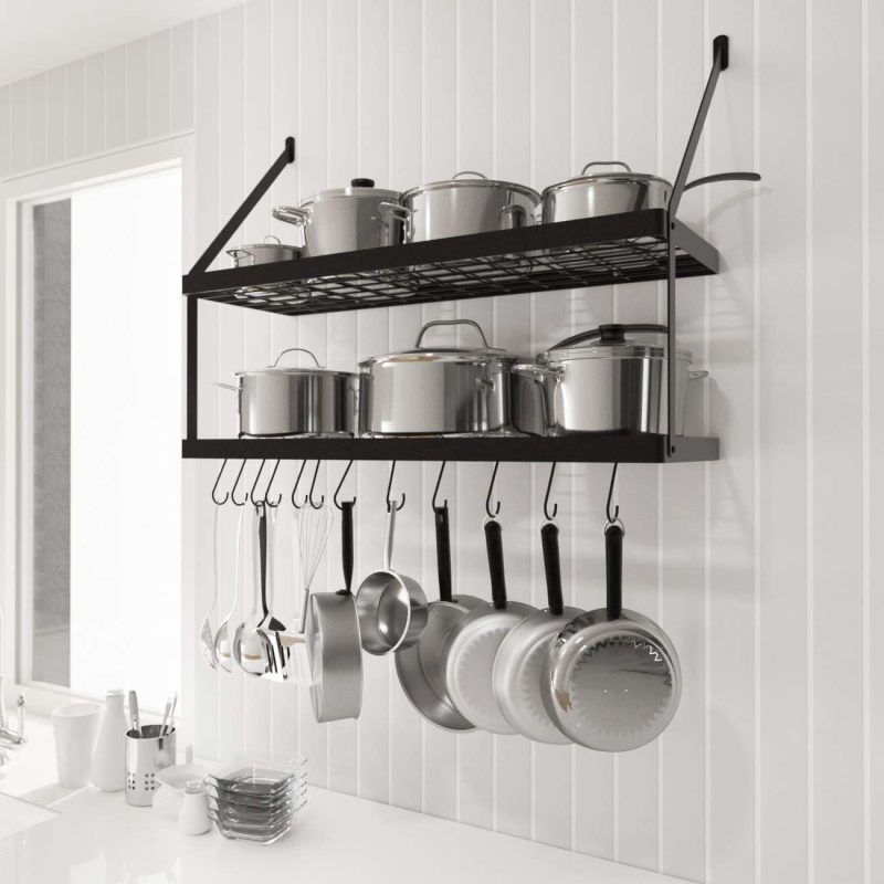 KES Pan Rack Wall Mounted Kitchen Pots and Pans Organizer Shelf Holder with Hooks for Storage and Organization - Space-Saving...