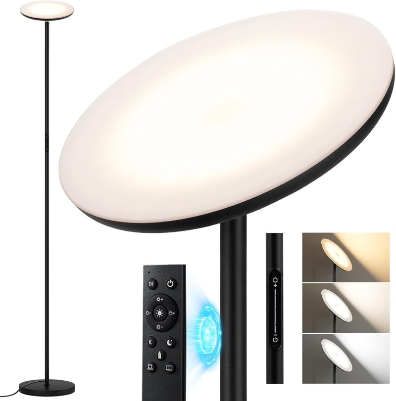 LED Uplighter Floor Lamp with Remote Control, Dimmable Touch Sensor, Modern Standing Lamp for Living Room, Bedroom, Office - ...