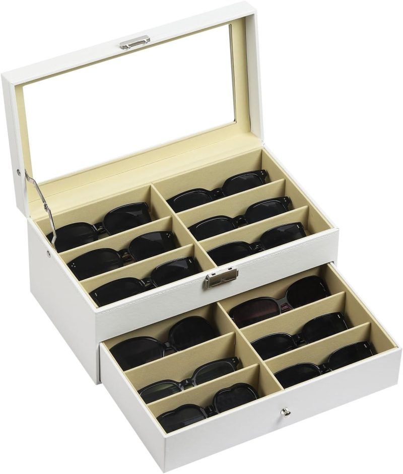 12 Piece Eyeglasses Storage Box Organizer Case with Lid for Sunglasses, Watches, Jewelry - Stackable Display Tray Rack Holder...