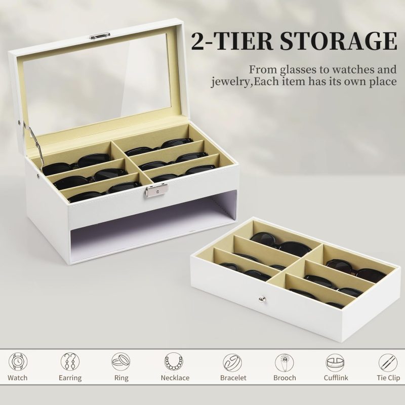 12 Piece Eyeglasses Storage Box Organizer Case with Lid for Sunglasses, Watches, Jewelry - Stackable Display Tray Rack Holder...