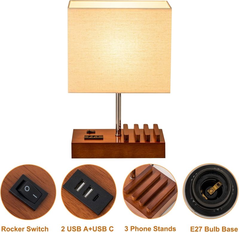 USB Bedside Table Lamp with Wireless Charger, Touch Control, Dimmable LED Night Light for Bedroom, Reading, Desk - Modern Des...