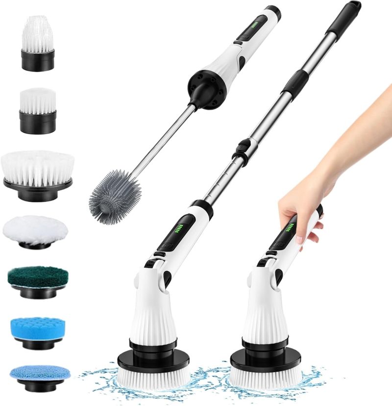 Electric Spin Scrubber - Cordless Bathroom and Kitchen Cleaning Tool with Extension Handle, Rechargeable Battery, and Interch...