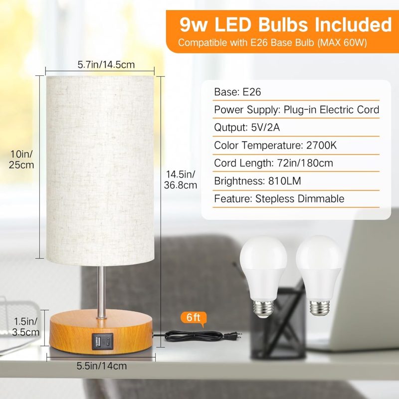 OUTON Bedside Lamps Set of 2,4 - Modern Table Lamp Pair with Fabric Shades, Dimmable Nightstand Lights for Bedroom, Living Ro...