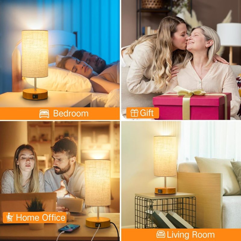 OUTON Bedside Lamps Set of 2,4 - Modern Table Lamp Pair with Fabric Shades, Dimmable Nightstand Lights for Bedroom, Living Ro...