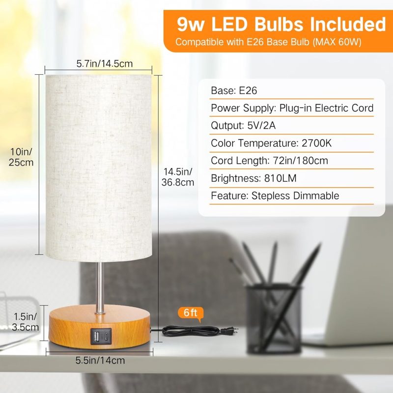 OUTON Bedside Lamps Set of 2,4 - Modern Table Lamp Pair with Fabric Shades, Dimmable Nightstand Lights for Bedroom, Living Ro...