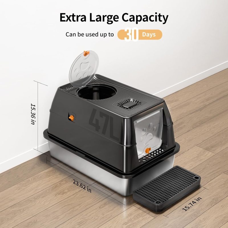 Stainless Steel Cat Litter Tray with Lid - Durable Metal Pet Litter Box for Cats, Easy Clean, Odor Control, Rust-Resistant Ki...