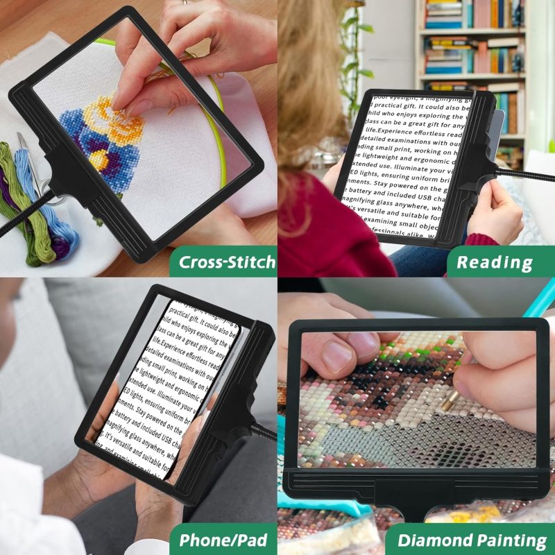 3-in-1 Rechargeable Magnifying Glass with LED Light, 10X Zoom, Hands-Free Stand - Ideal for Reading, Crafts, Jewelry, Seniors...