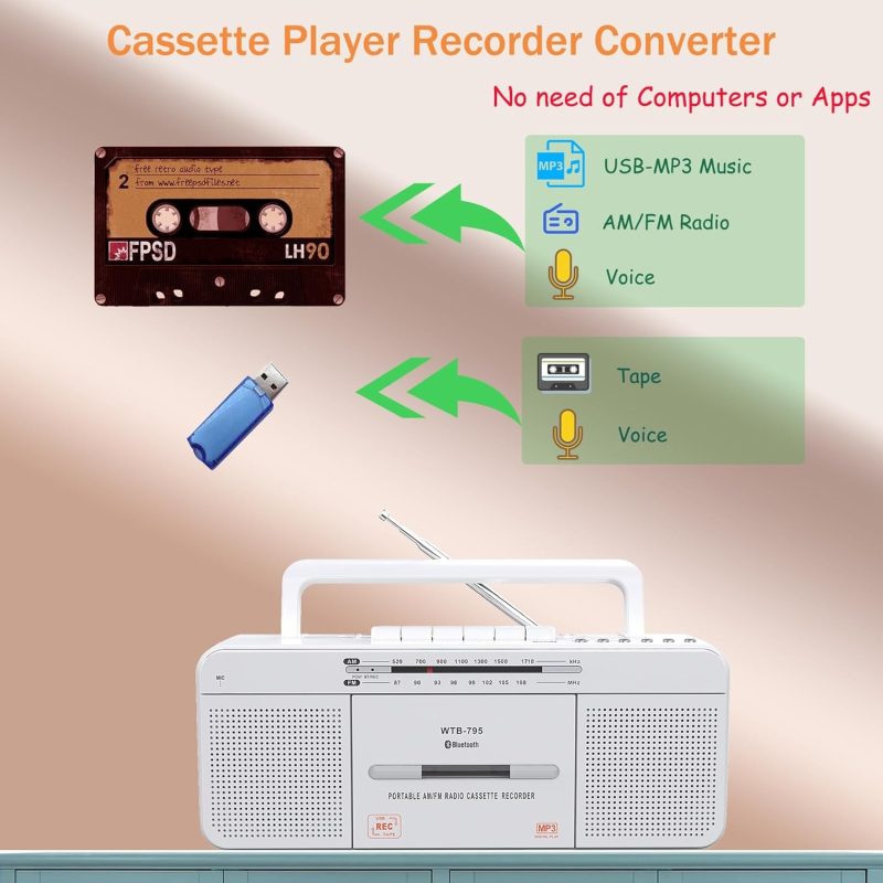 Vintage Cassette Player Recorder - Retro Portable Tape Deck with AM/FM Radio, Built-in Microphone, and Auto-Stop Function - I...