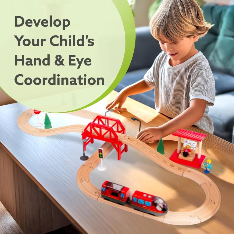 Wooden Train Set with Tracks and Accessories - Educational Toy for Kids, Compatible with Thomas and Friends, 100-Piece Railwa...