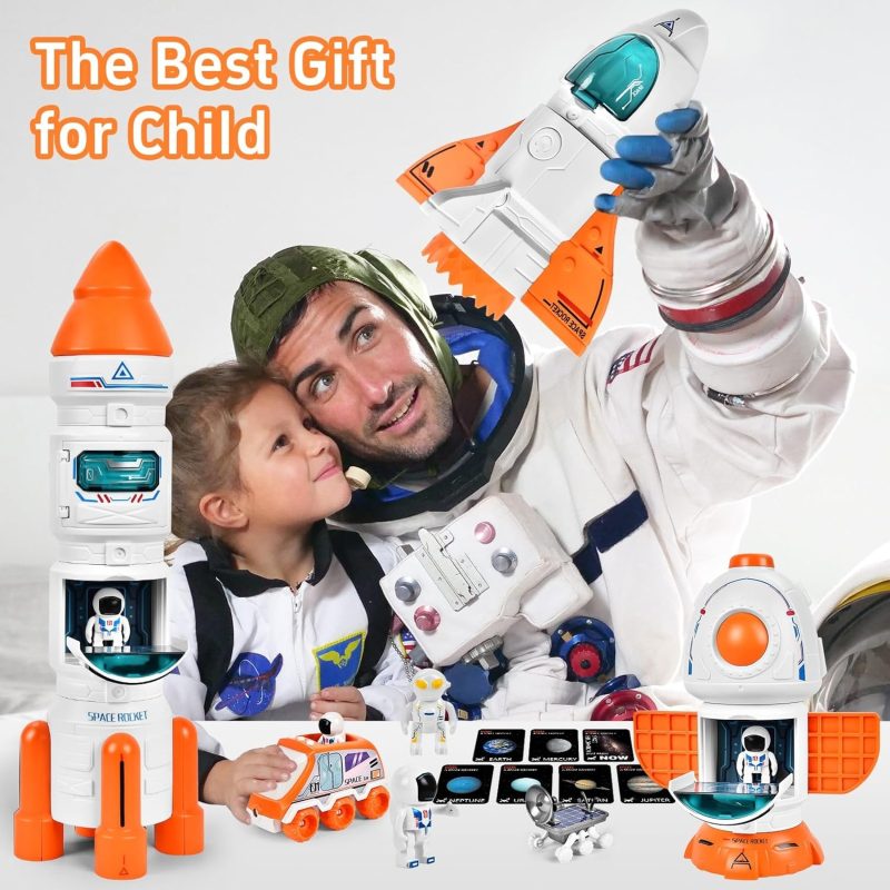 Space Rocket Set with Astronaut Figures - Educational Toy for Kids, Rocket Ship Building Kit with Launch Pad, STEM Learning P...