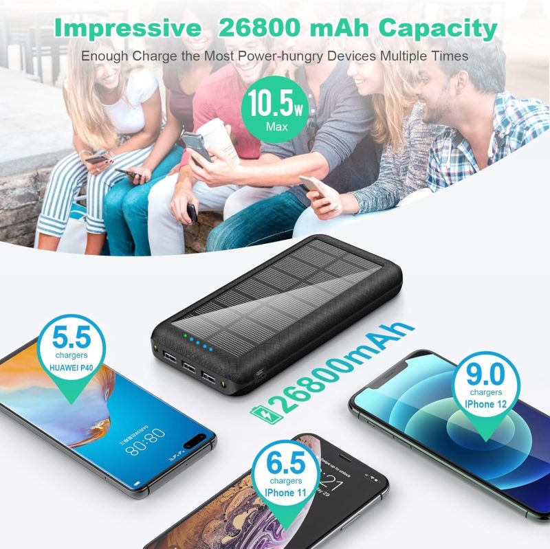 Solar Charger Power Bank 25000mAh Portable Solar Powerbank with Dual USB Ports, Waterproof Solar Panel Battery Pack for Outdo...