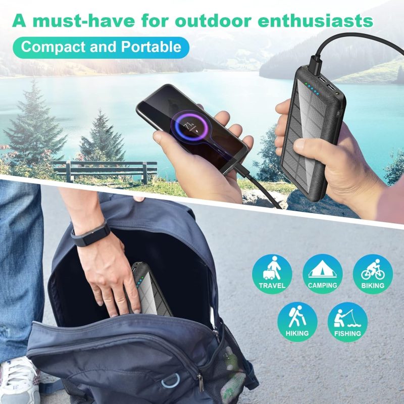 Solar Charger Power Bank 25000mAh Portable Solar Powerbank with Dual USB Ports, Waterproof Solar Panel Battery Pack for Outdo...