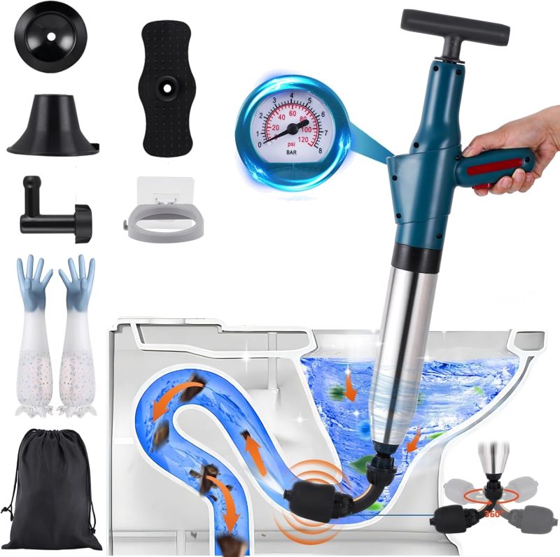 Toilet Unblocker Heavy Duty with 360° Unclogging Head and A Holder Toilet Plunger Sink Unblocker High Pressure Plunger Kit f...