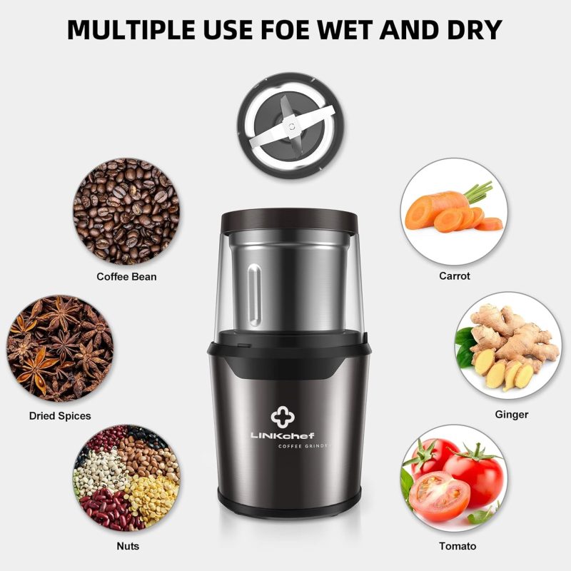 LINKchef Electric Coffee Grinder - Spice & Herb Grinder, Wet & Dry, 80g Capacity, 12 Cups, Black - Image 4