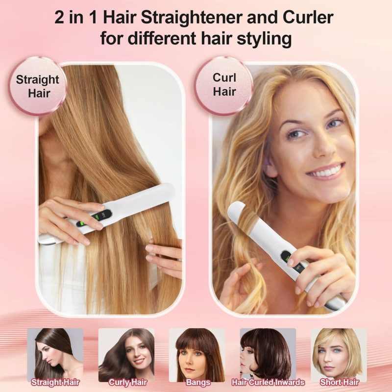 SUNMAY 2-in-1 Cordless Hair Straightener and Curler, Cordless Travel Flat Iron, Rechargeable Ceramic Mini Portable Curling Ir...