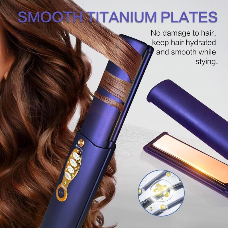 Cordless Hair Straighteners 5000 mAh Long Range Titanium Portable Flat Iron Wireless Mini Hair Straightener Curling Wand 2 in...