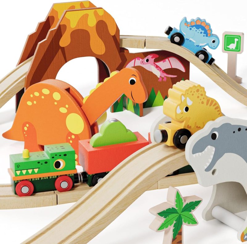 Toddler Train Set Toy for 3 4 Year Old Boys Girls, Dinosaur Toddler Toys 3 4 5 Year Old Boy Gifts, Wooden train Set Motessori...