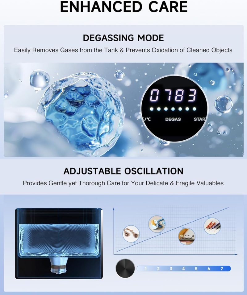 CREWORKS 2L Digital Ultrasonic Cleaner, 60W Quiet Ultrasonic Cleaning Machine with Degas Mode and 7 Oscillation Levels, Profe...