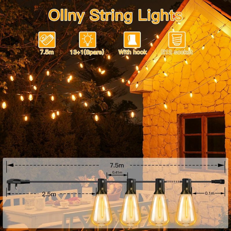 Ollny Festoon Lights Outdoor 7.5m, Christmas LED String Light Mains Powered, Waterproof with Plug/13+1 Shatterproof ST38 Bulb...
