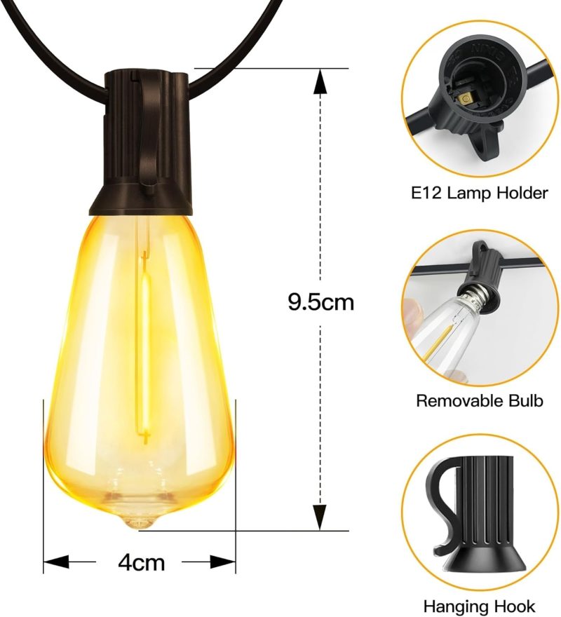 Ollny Festoon Lights Outdoor 7.5m, Christmas LED String Light Mains Powered, Waterproof with Plug/13+1 Shatterproof ST38 Bulb...