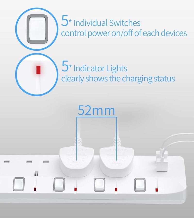 5M Extension Lead with Individual Switches, 13A 4 Way Power Strip 2 USB Lead with USB Slots Multi Plug Socket Extensions 5 Me...