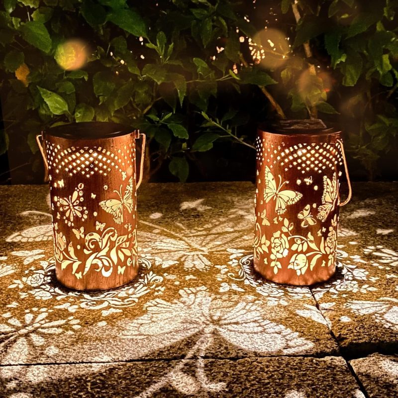 2 Pack Butterfly Solar Lanterns Outdoor Hanging Lantern Lights, Butterfly Hollowed-Out Metal Decor Lantern, Butterfly Garden ...