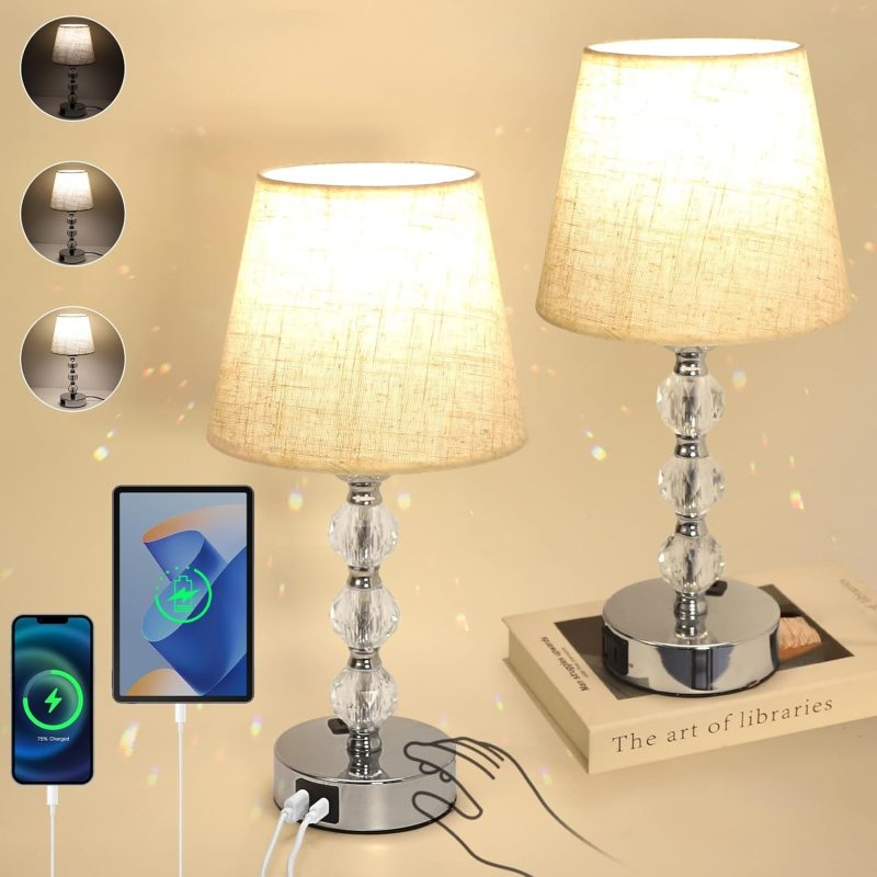 Crystal Touch Bedside Lamps Set of 2, USB C+A Charging Ports, 3 Way Dimmable, White Fabric Shade for Bedrooms & Living Ro...