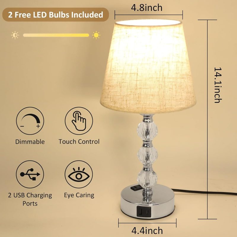 Crystal Touch Bedside Lamps Set of 2, USB C+A Charging Ports, 3 Way Dimmable, White Fabric Shade for Bedrooms & Living Ro...
