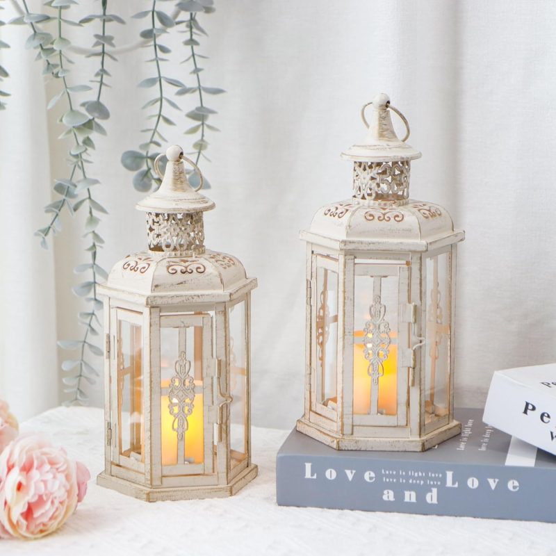 JHY DESIGN Set of 2 Rustic Decorative Lanterns 25cm High Vintage Hanging Candlesticks Metal Candle holder for Indoor Outdoor,...