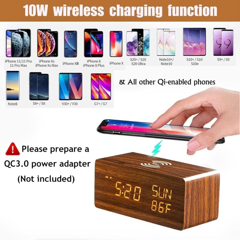 HZDHCLH Bedside Wireless Charging Alarm Clock Dimmable LED Display,Snooze Digital Clock with Temperature Display,USB Charging...