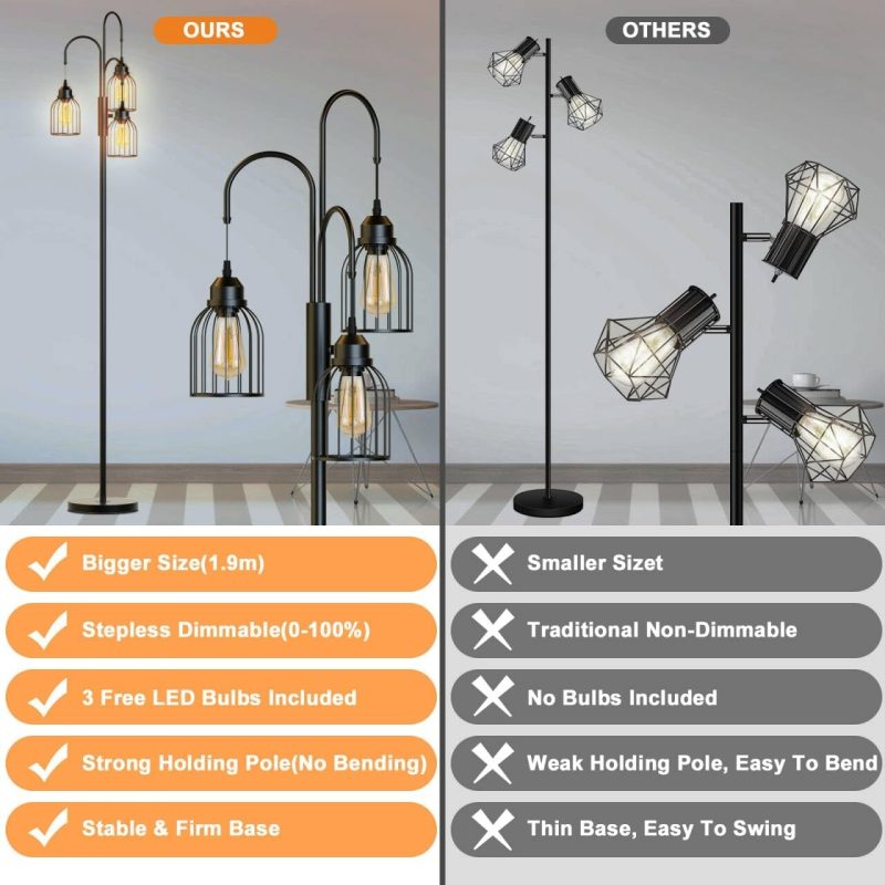 Industrial Floor Lamp for Living Room, 190cm Dimmable Standing Lamp, 3 LED Bulbs Included, E27 Sockets Standing Tree Lamp wit...
