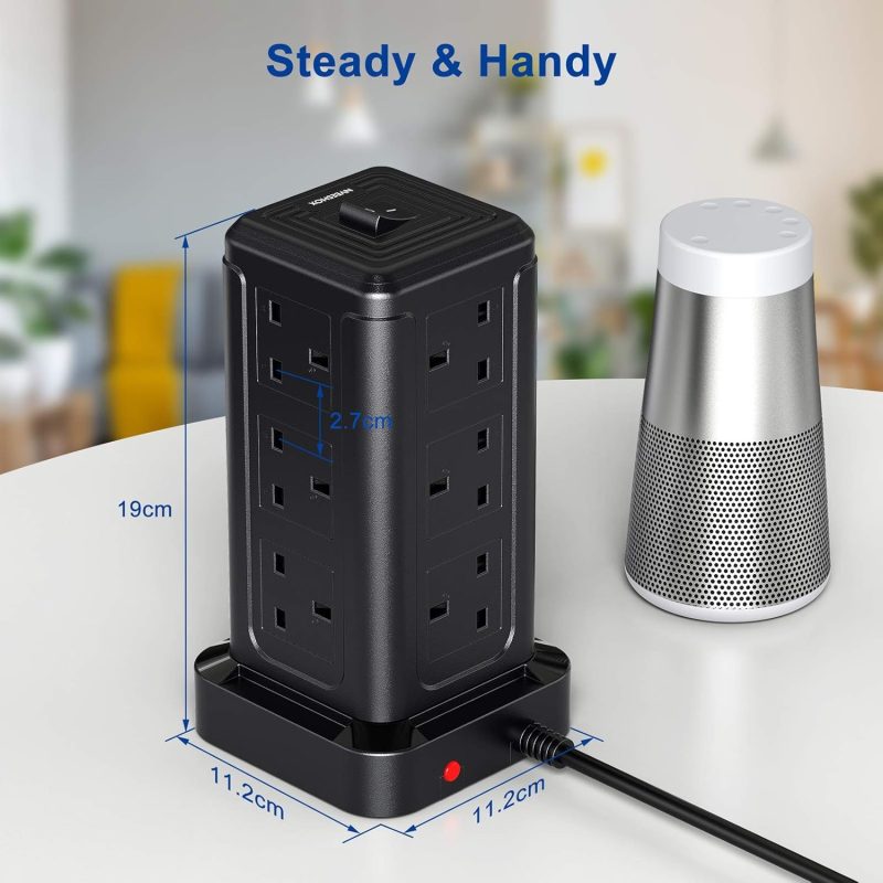 Extension Lead Surge Protection, 12 Way Power Strip Tower with 4 USB Slots 5M/16FT Long Extension Cord Multi Plug 2500W Overl...