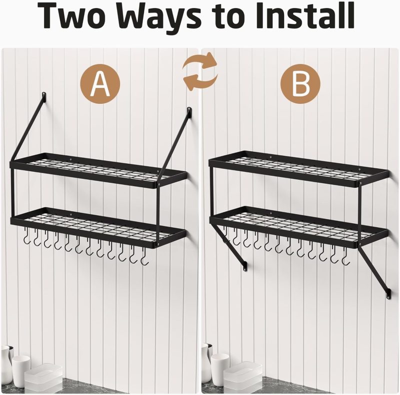 KES Pan Rack Wall Mounted Kitchen Pots and Pans Hanging Rack, 2 Tiers Kitchen Wall Shelf with 12 S-Hooks Heavy Duty Matte Bla...