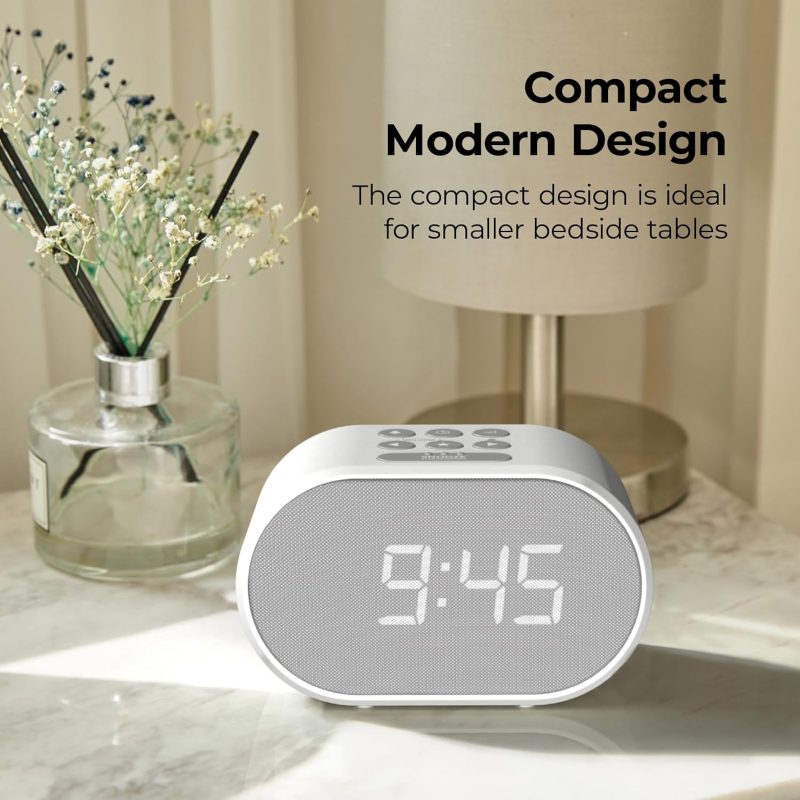i-box Alarm Clock Bedside, Radio Alarm Clock, Mains Powered or Battery, FM Radio, USB Charging Port, 5 Step Dimmable Display,...