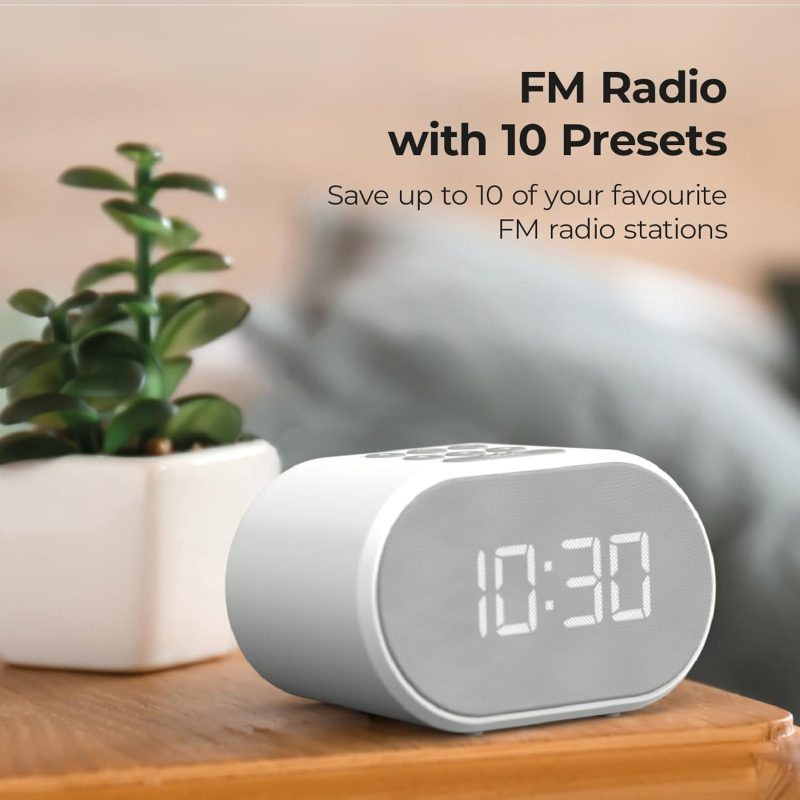 i-box Alarm Clock Bedside, Radio Alarm Clock, Mains Powered or Battery, FM Radio, USB Charging Port, 5 Step Dimmable Display,...