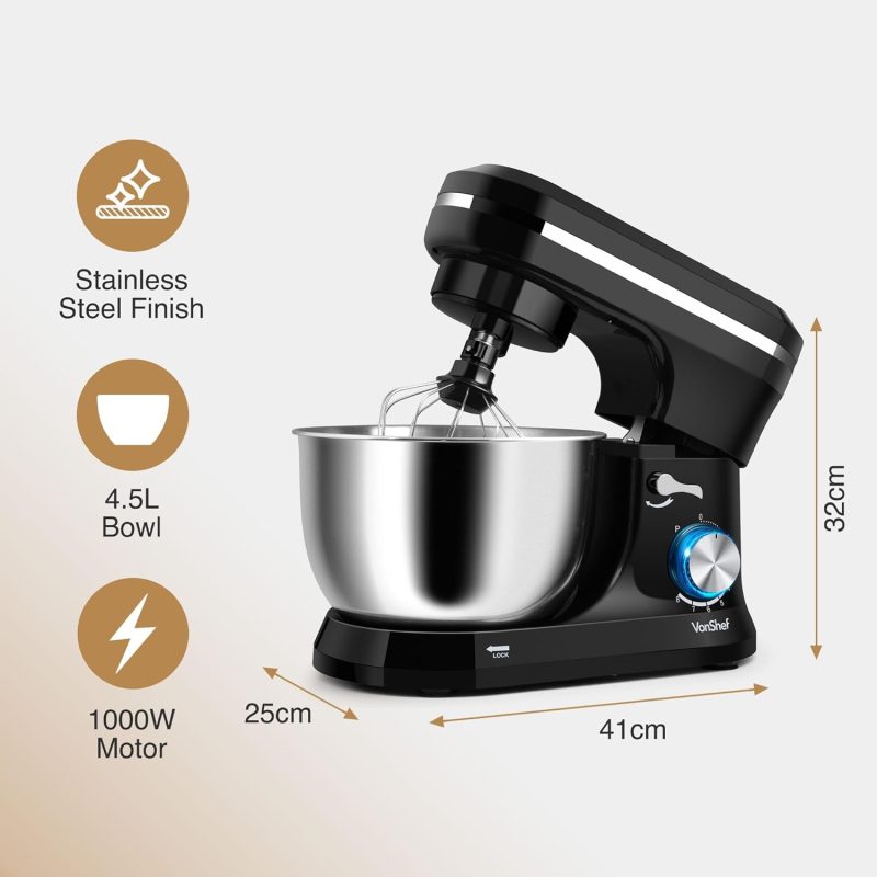VonShef Black Food Mixer - Electric 8 Speed 1000W Stand Mixer, 4.5L Stainless Steel Mixing Bowl, Beater, Dough Hook & Bal...