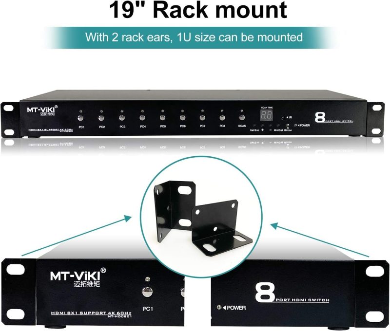 4K@60Hz HDMI Switch 8 Ports, MT-VIKI 8x1 4K HDMI Switcher 8 in 1 out Console IR Remote + RS232 + Rack Ears Support HDR HDCP2....