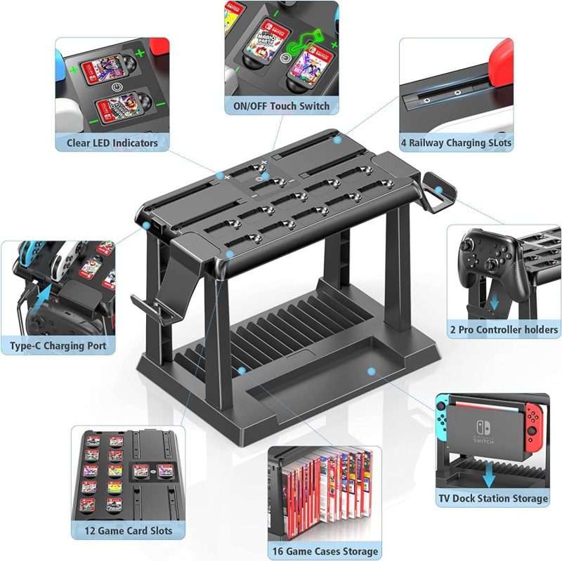 Switch Games Organizer Station with Controller Charger, Charging Dock for Nintendo Switch & OLED Joycons, Tokluck Switch ...