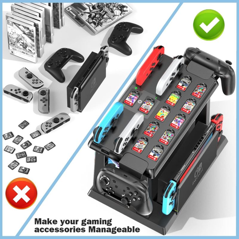 Switch Games Organizer Station with Controller Charger, Charging Dock for Nintendo Switch & OLED Joycons, Tokluck Switch ...