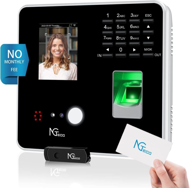 NGTeco Clock in Machine, Multi-Biometric Time Attendance Terminal with Wi-Fi, Facial Recognition, Fingerprint, RFID, Password...