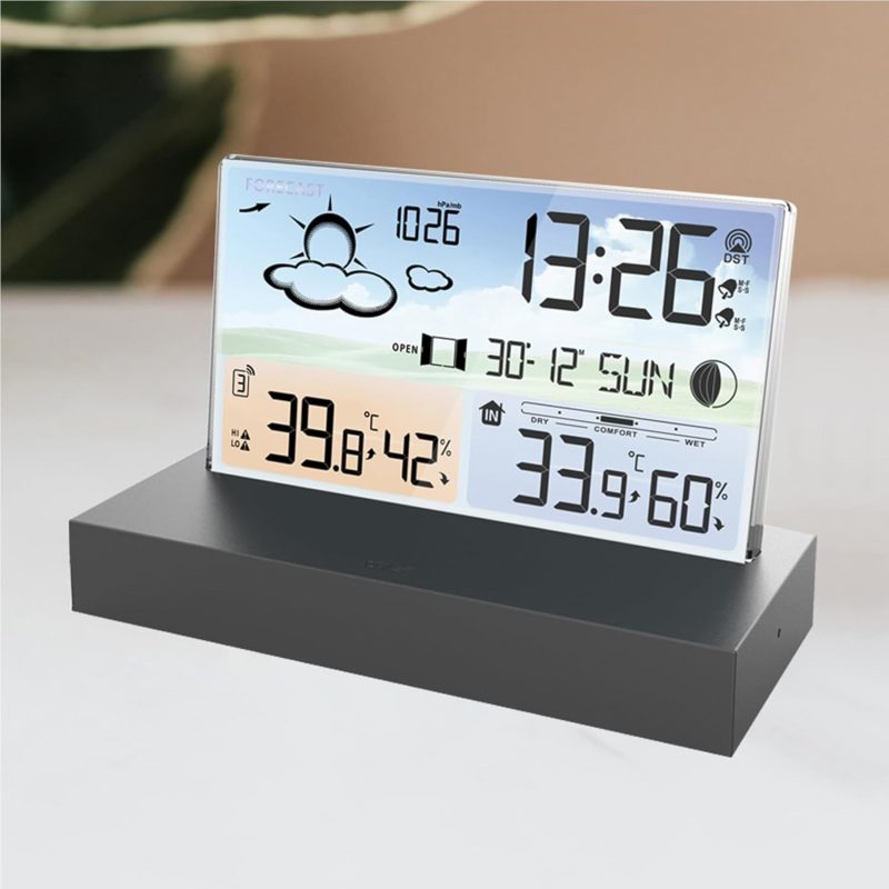 Wireless Weather Station, Transparent Weather Station, Indoor Outdoor Thermometer with Time Date Temperature Humidity Barometer Alarm Moon Phase Display Weather Clock